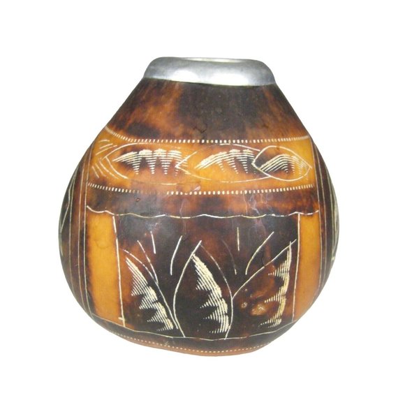 Art Gourd Vase Bowl Argentina  Carved Designs Birds House Trees Person 2.8 inch - Picture 4 of 9